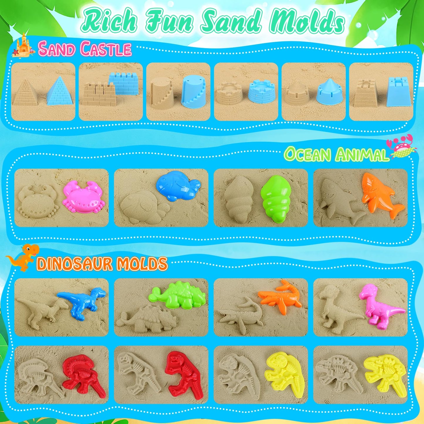 FUSPWEAO Beach Toys 36-Pcs Dinosaur Sand Set – Collapsible Buckets, Molds & Travel Bag