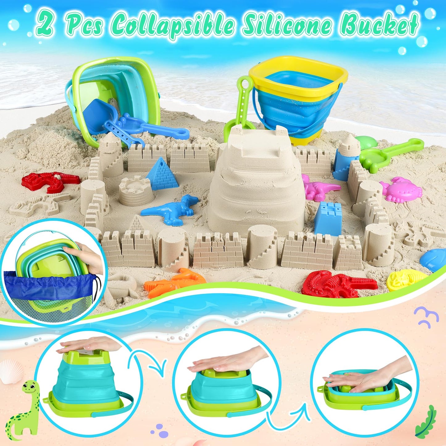 FUSPWEAO Beach Toys 36-Pcs Dinosaur Sand Set – Collapsible Buckets, Molds & Travel Bag
