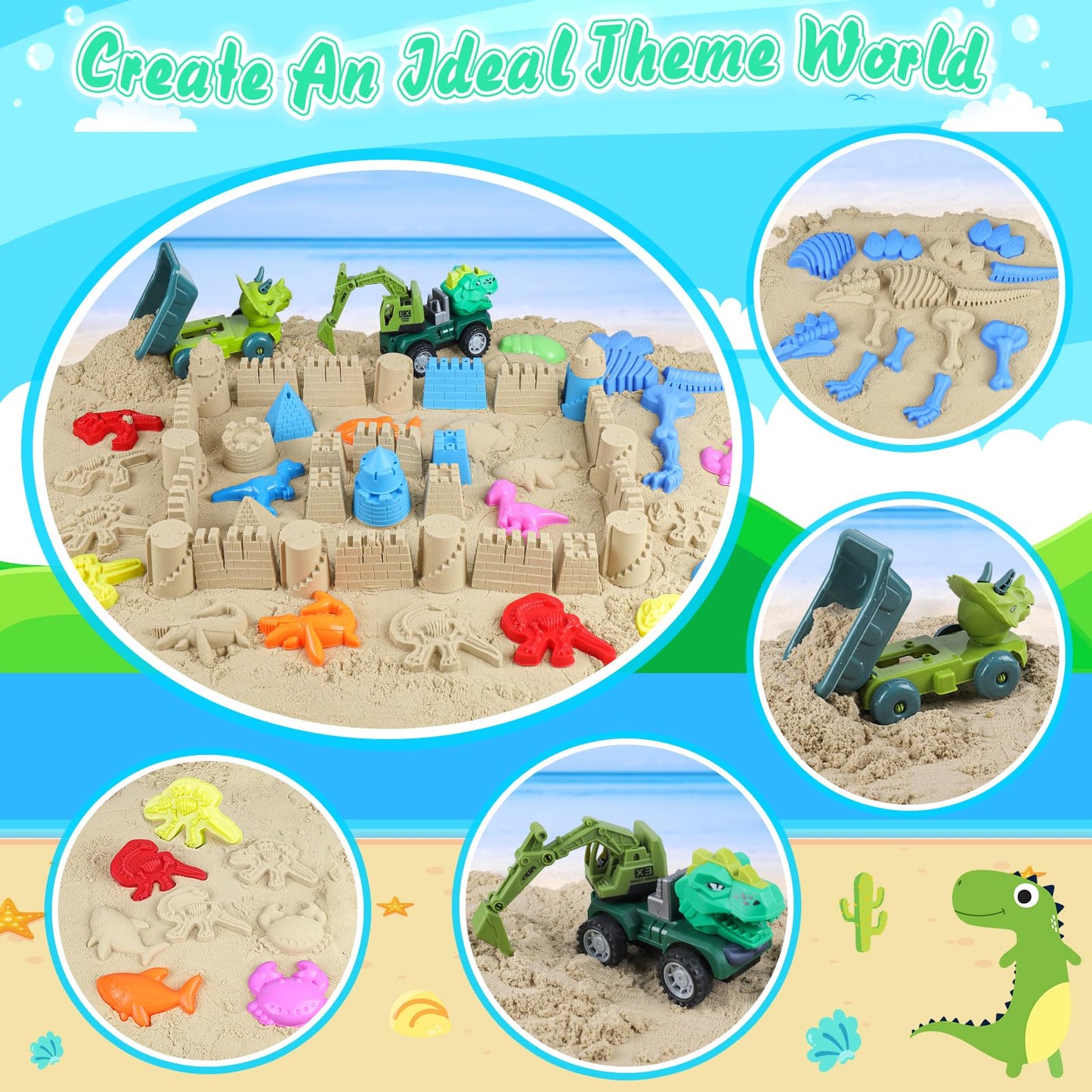 FUSPWEAO Beach Toys 36-Pcs Dinosaur Sand Set – Collapsible Buckets, Molds & Travel Bag
