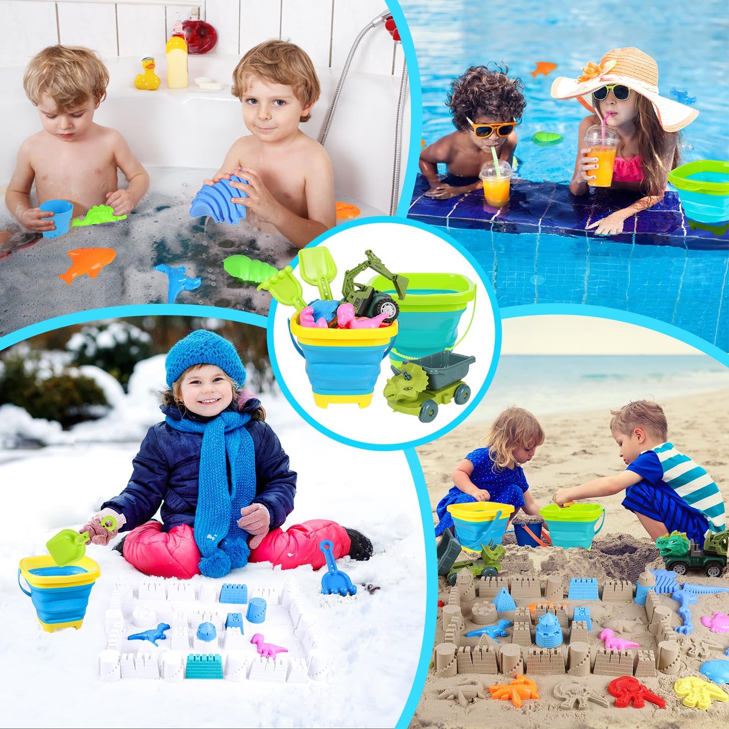 FUSPWEAO Beach Toys 36-Pcs Dinosaur Sand Set – Collapsible Buckets, Molds & Travel Bag