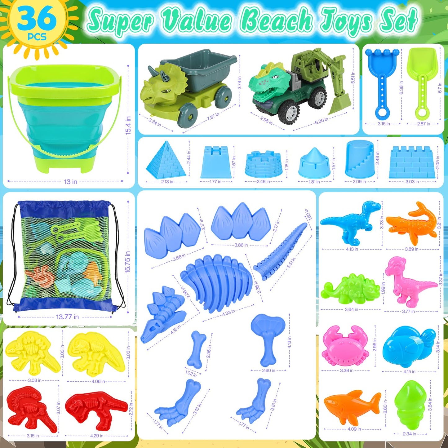 FUSPWEAO Beach Toys 36-Pcs Dinosaur Sand Set – Collapsible Buckets, Molds & Travel Bag