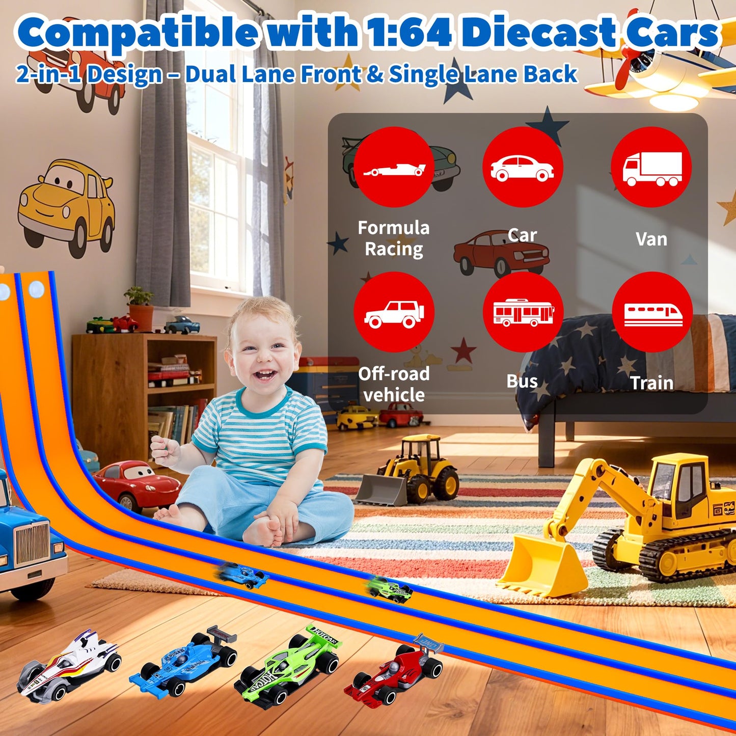 FUTESI Flexible 15 Ft Race Track Starter Set — Compatible with 1/64 Diecast Cars