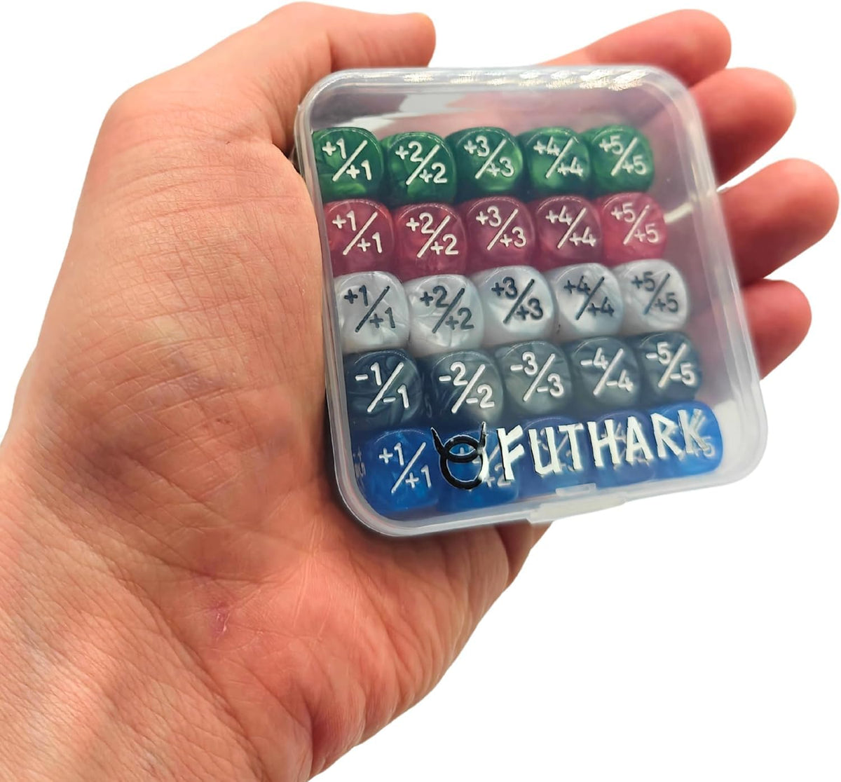 Futhark MTG Counter Dice Set – 25 Compact Multicolor Acrylic Dice with Plus/Minus Counters