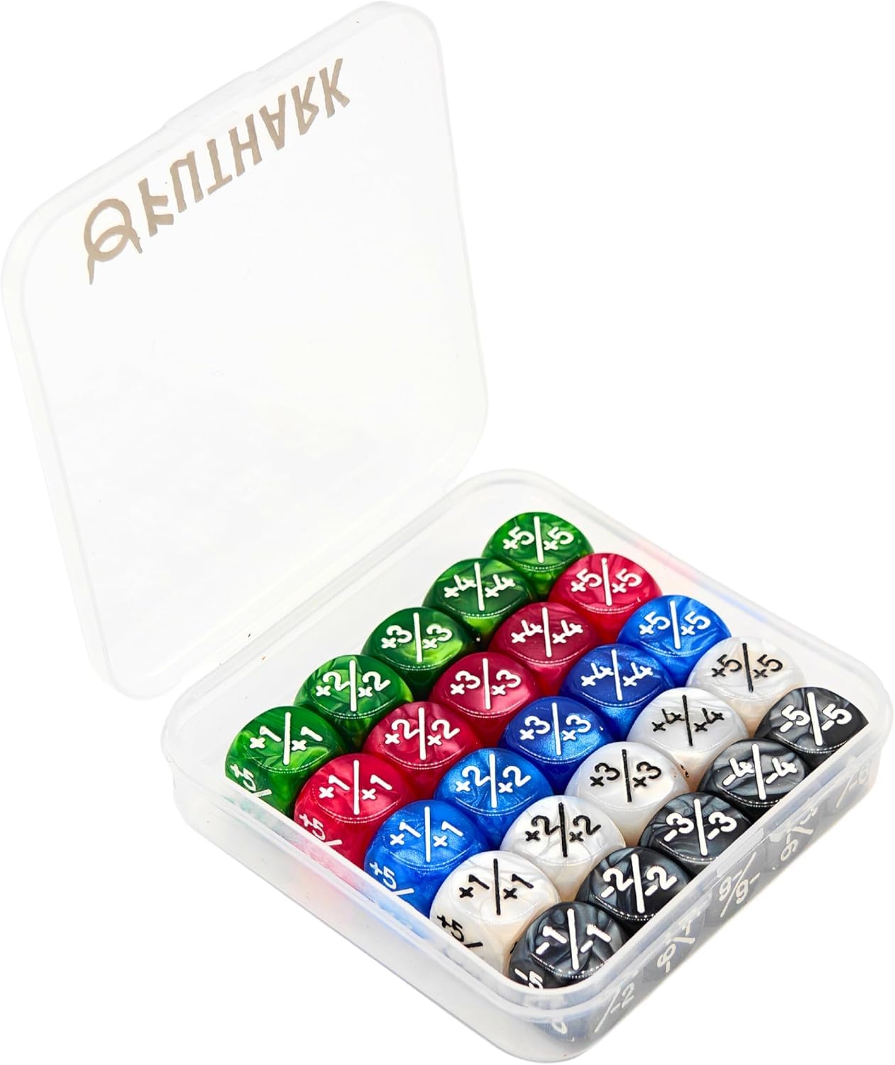 Futhark MTG Counter Dice Set – 25 Compact Multicolor Acrylic Dice with Plus/Minus Counters