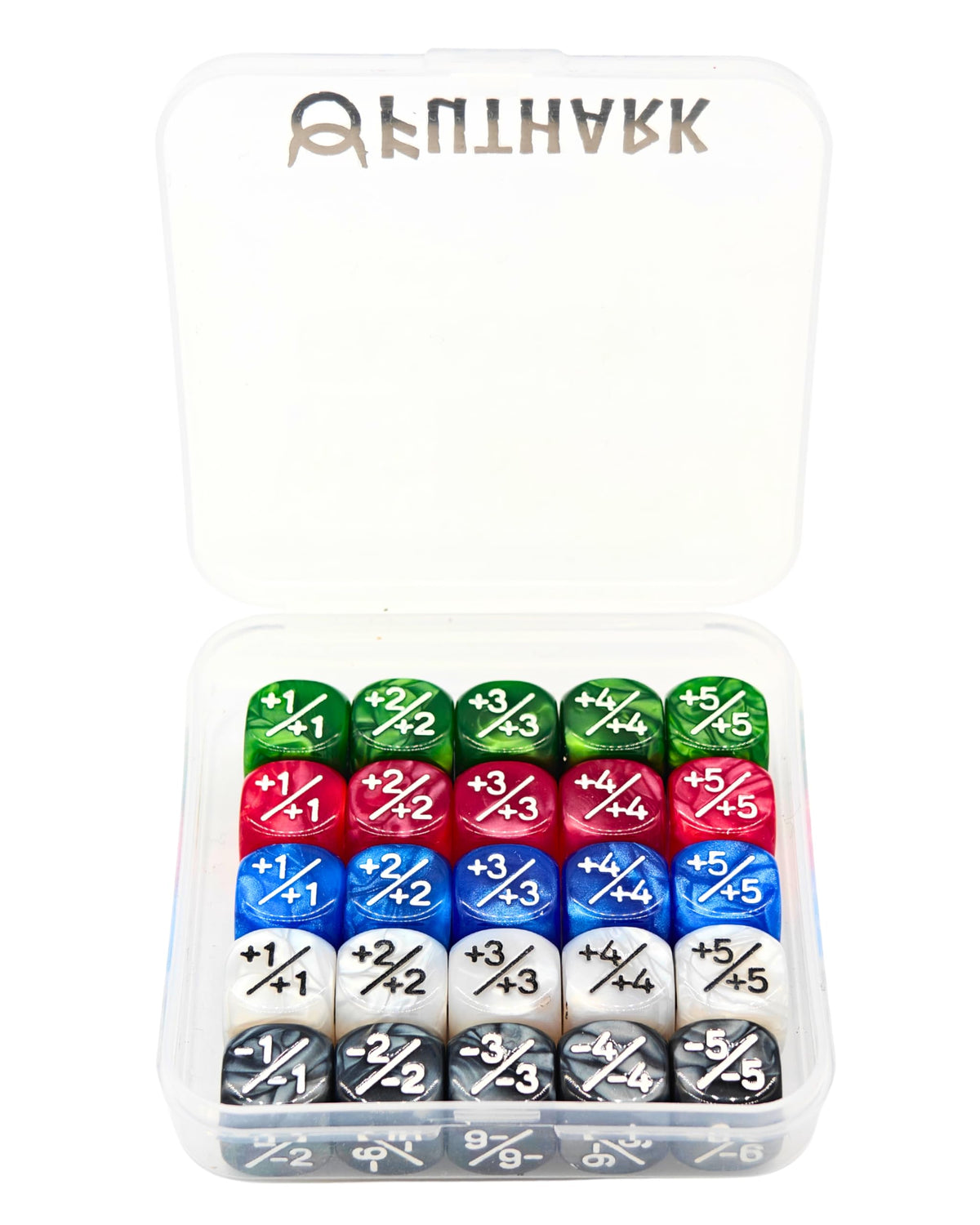 Futhark MTG Counter Dice Set – 25 Compact Multicolor Acrylic Dice with Plus/Minus Counters