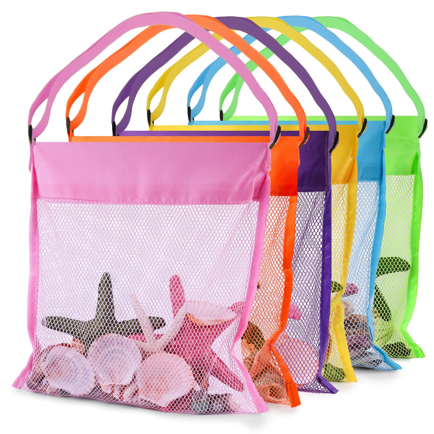 FUTUREPLUSX 6PCS Mesh Beach Bags for Kids – Adjustable Straps, Colorful Seashell Collecting Bags