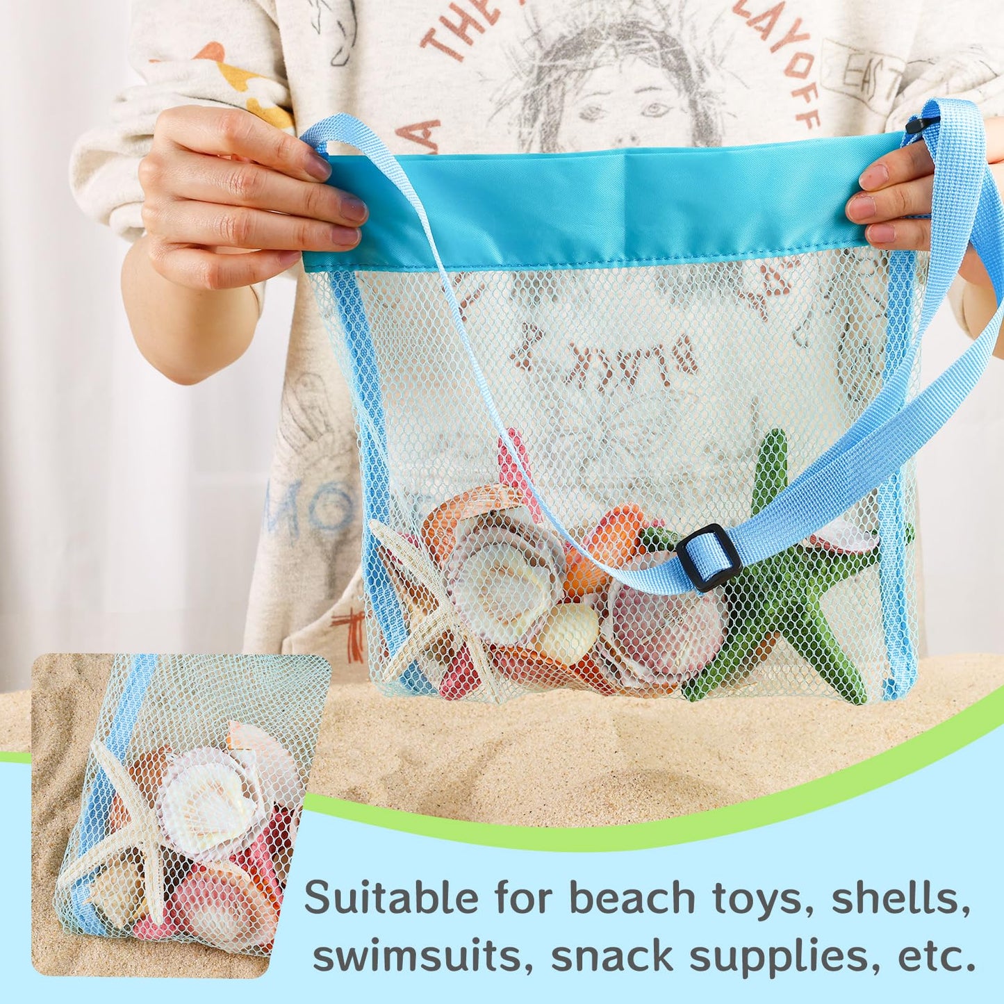 FUTUREPLUSX 6PCS Mesh Beach Bags for Kids – Adjustable Straps, Colorful Seashell Collecting Bags