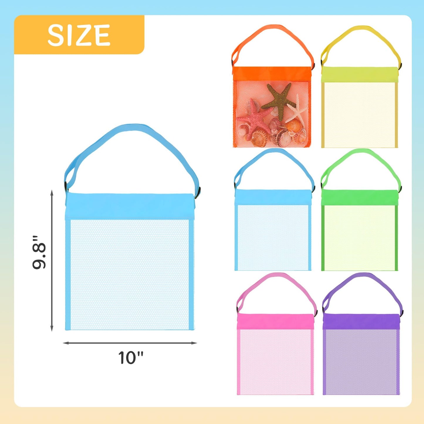 FUTUREPLUSX 6PCS Mesh Beach Bags for Kids – Adjustable Straps, Colorful Seashell Collecting Bags