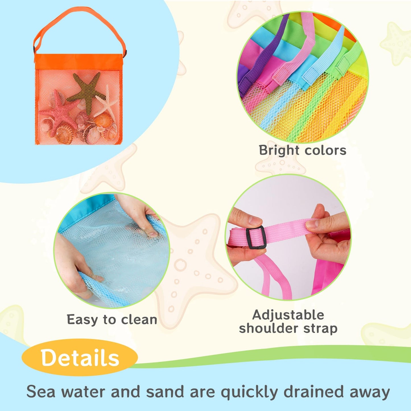 FUTUREPLUSX 6PCS Mesh Beach Bags for Kids – Adjustable Straps, Colorful Seashell Collecting Bags