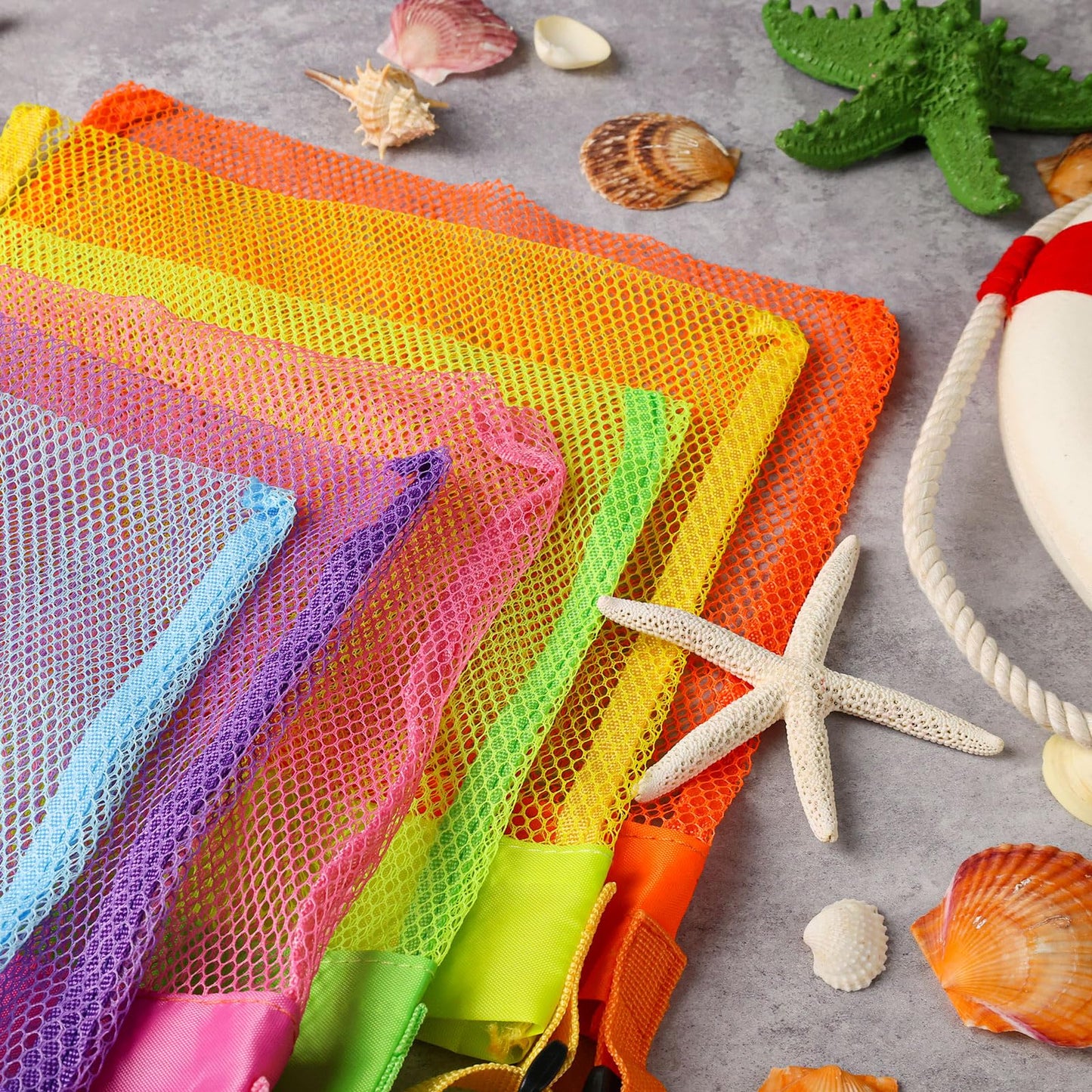 FUTUREPLUSX 6PCS Mesh Beach Bags for Kids – Adjustable Straps, Colorful Seashell Collecting Bags