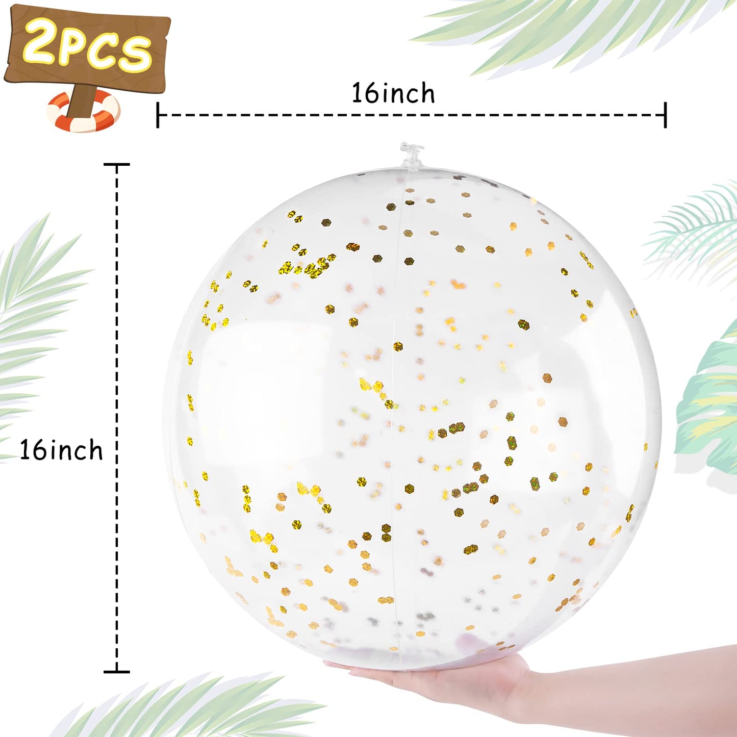 FUTUREPLUSX 16-Inch Glitter Beach Balls (2-Pack) with Gold Confetti