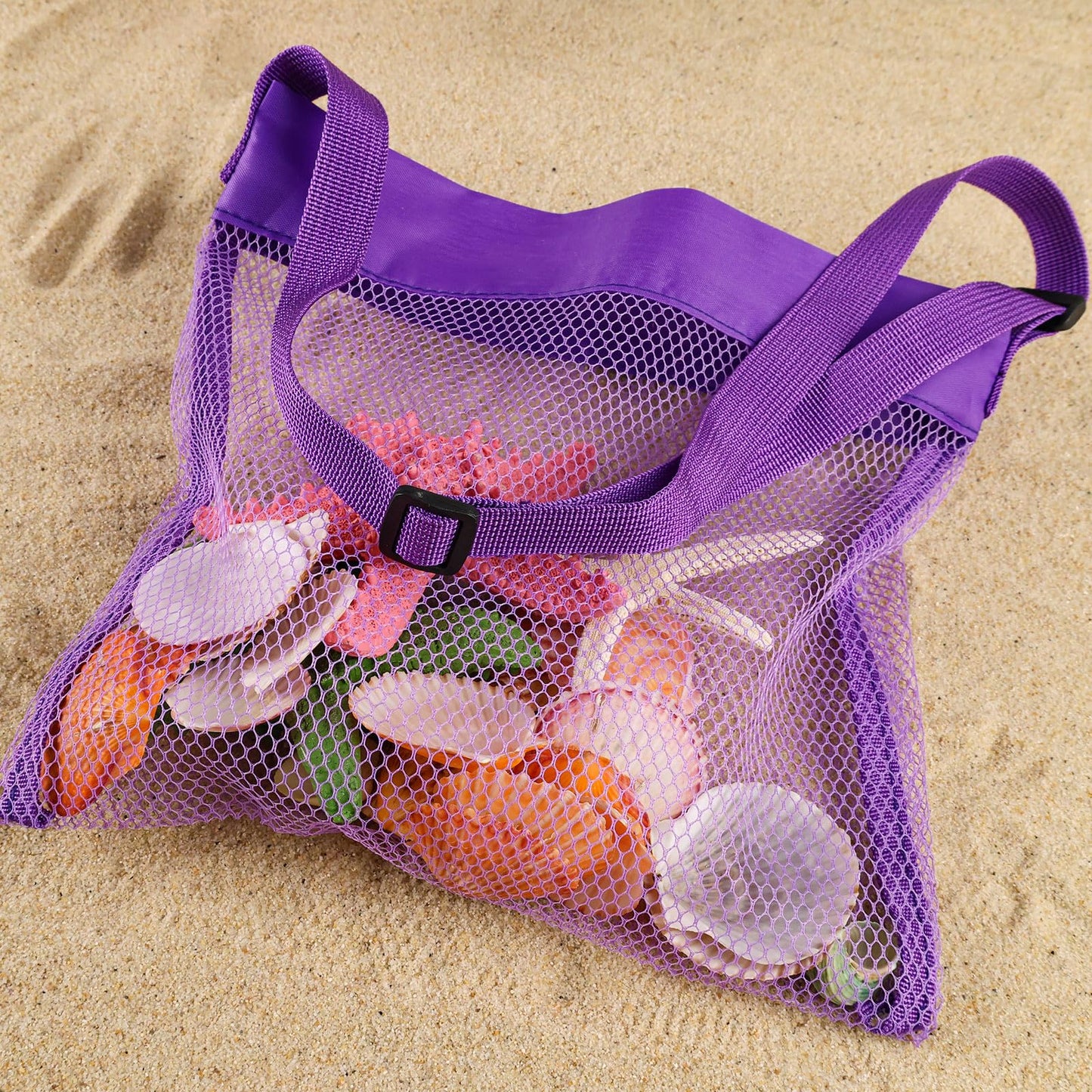 FUTUREPLUSX 6PCS Mesh Beach Bags for Kids – Adjustable Straps, Colorful Seashell Collecting Bags