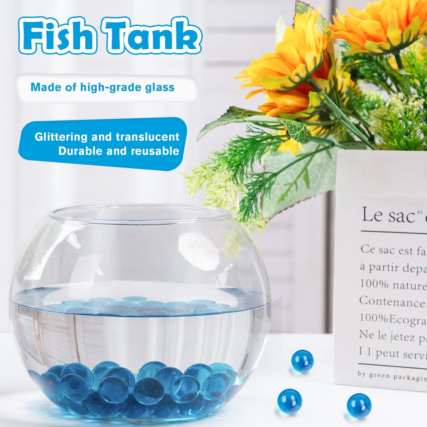 FuturePlusX Light Blue Glass Marbles – 1LB Vase Fillers, Clear Glass Beads for Aquarium Decor