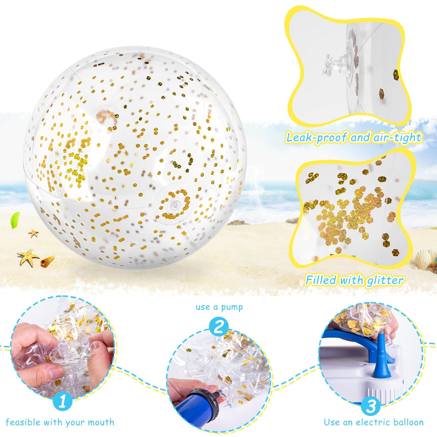 FUTUREPLUSX 16-Inch Glitter Beach Balls (2-Pack) with Gold Confetti