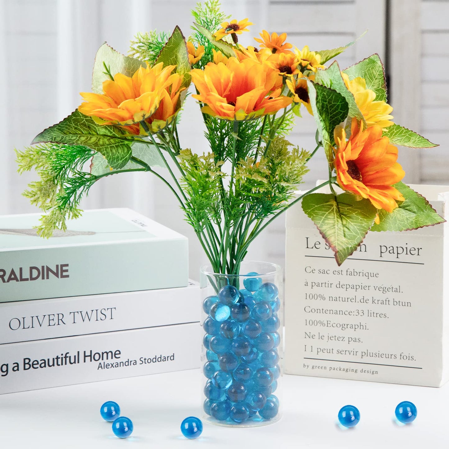 FuturePlusX Light Blue Glass Marbles – 1LB Vase Fillers, Clear Glass Beads for Aquarium Decor