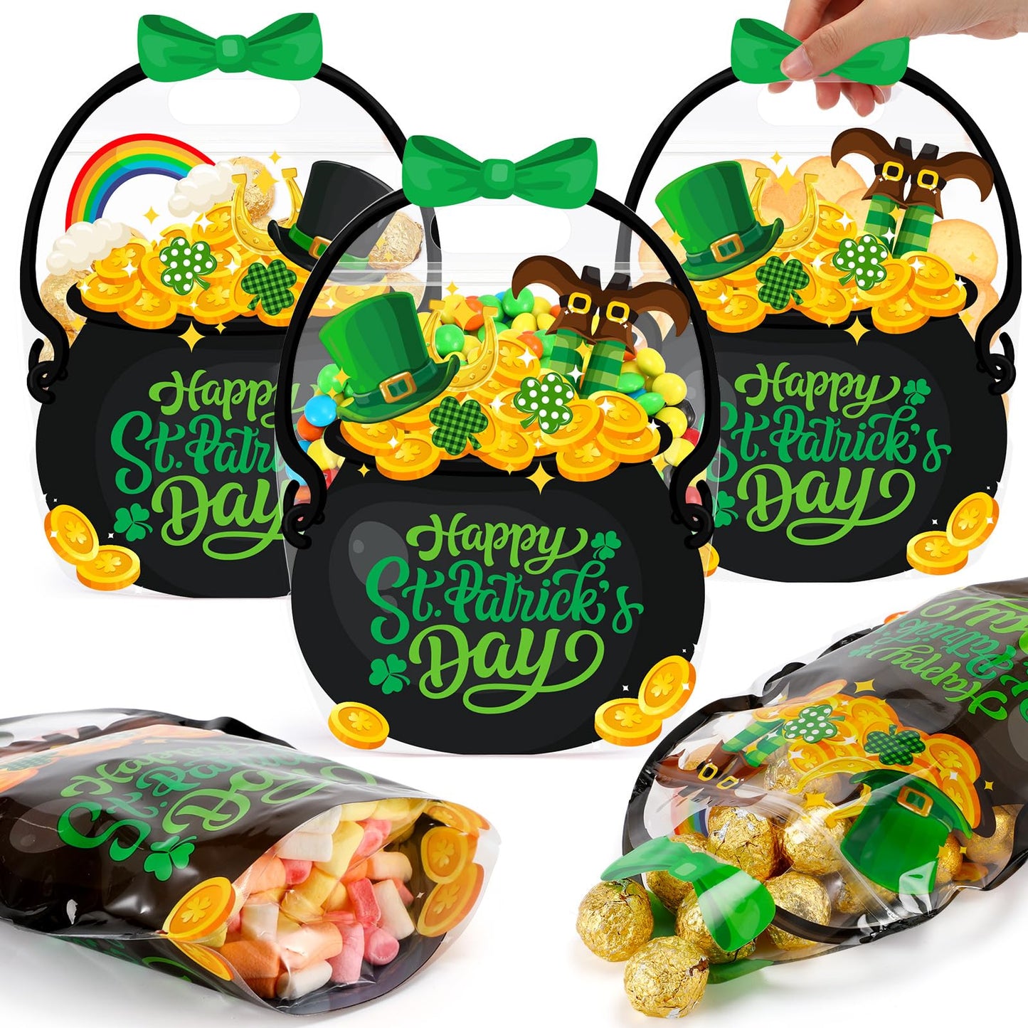 Fuutreo 50 Pcs St. Patrick's Day Black Cauldron Gift Bags with Handles – Festive Irish Treat Wrapping