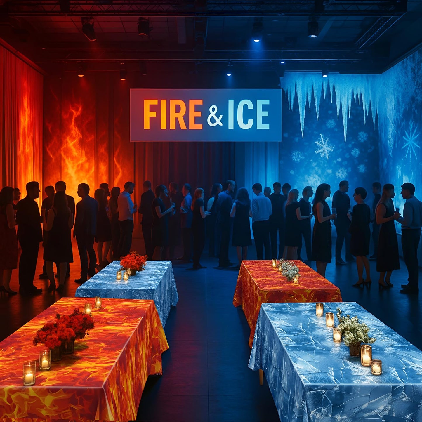 FuWeave 6 Pack Ice & Fire Tablecloths, 54x108 in – Blue Ice / Red Flame Plastic Covers for Arctic Stage Backdrops