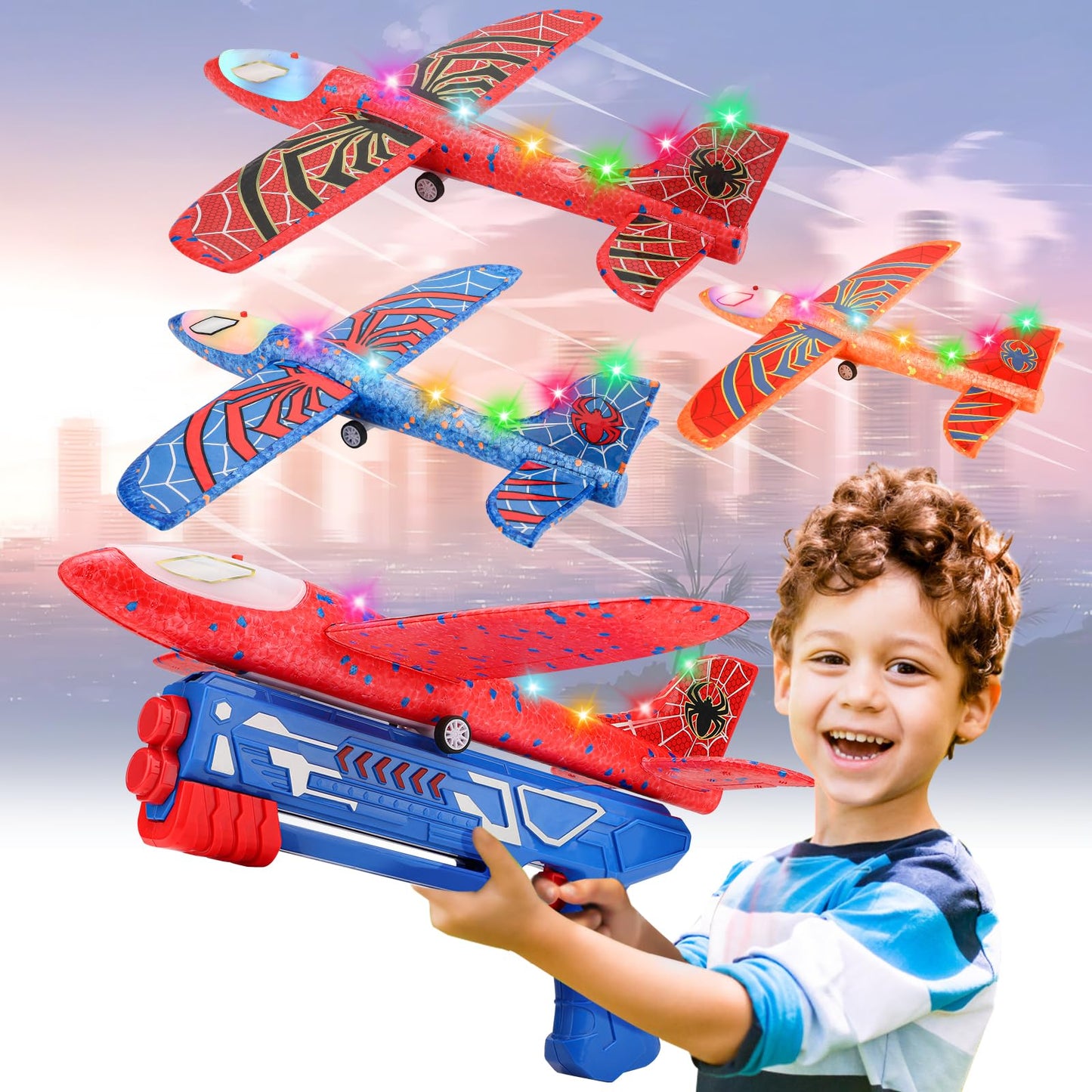Fuwidvia 3 Pack Airplane Launcher Toys – 13.2'' Spider LED Foam Gliders, 2 Flight Modes