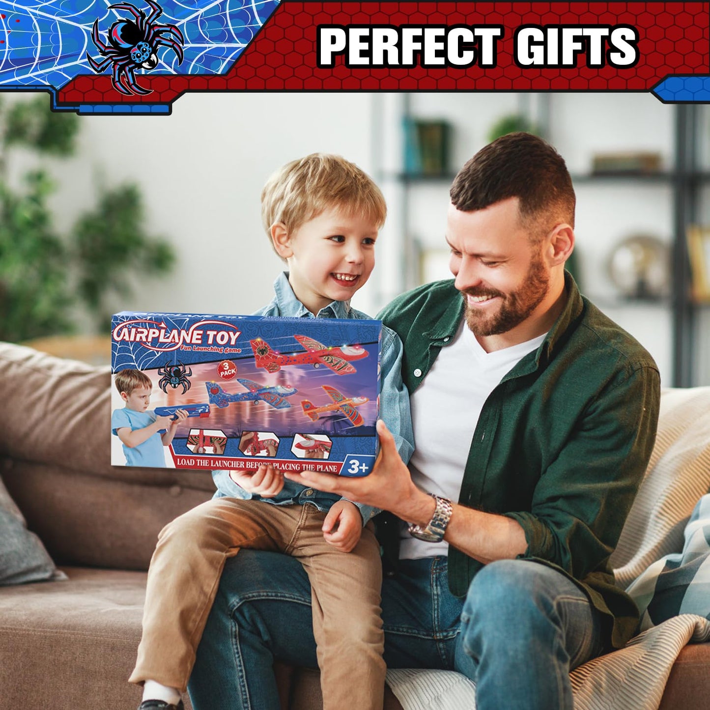 Fuwidvia 3 Pack Airplane Launcher Toys – 13.2'' Spider LED Foam Gliders, 2 Flight Modes