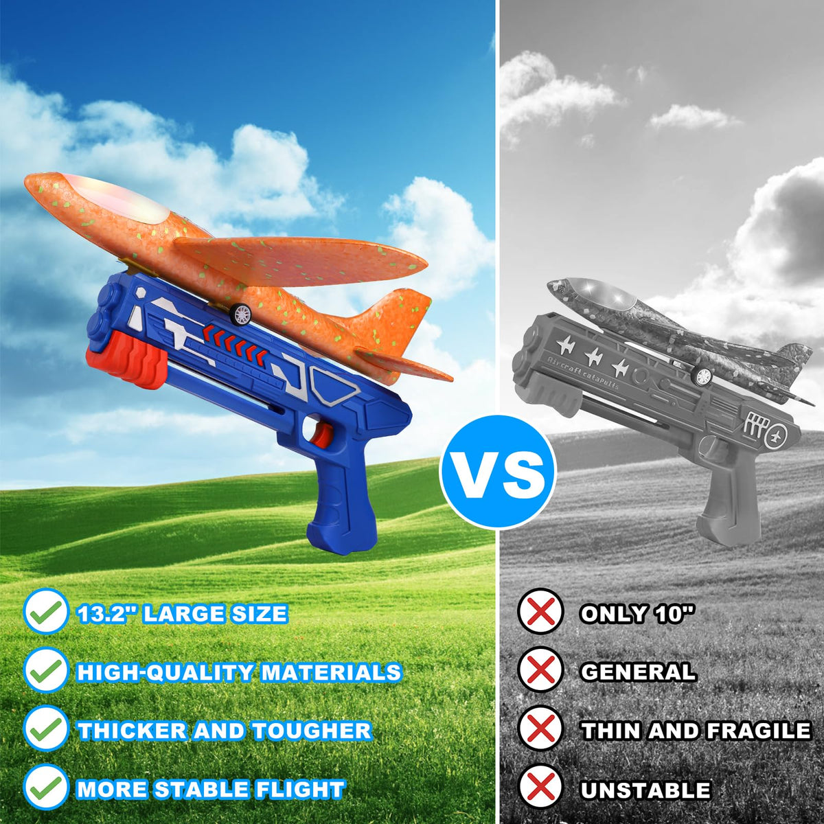 Fuwidvia 3 Pack LED Foam Glider Planes with Launcher – 13.2-inch Outdoor Flying Toys Blue Green Orange