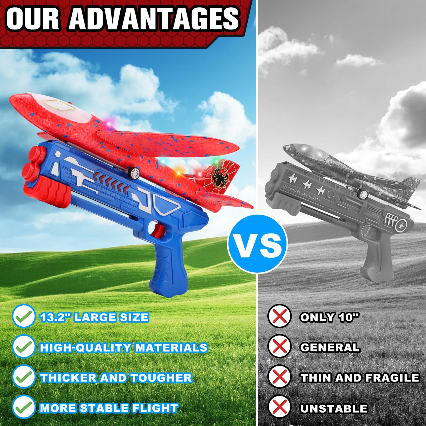 Fuwidvia 3 Pack Airplane Launcher Toys – 13.2'' Spider LED Foam Gliders, 2 Flight Modes