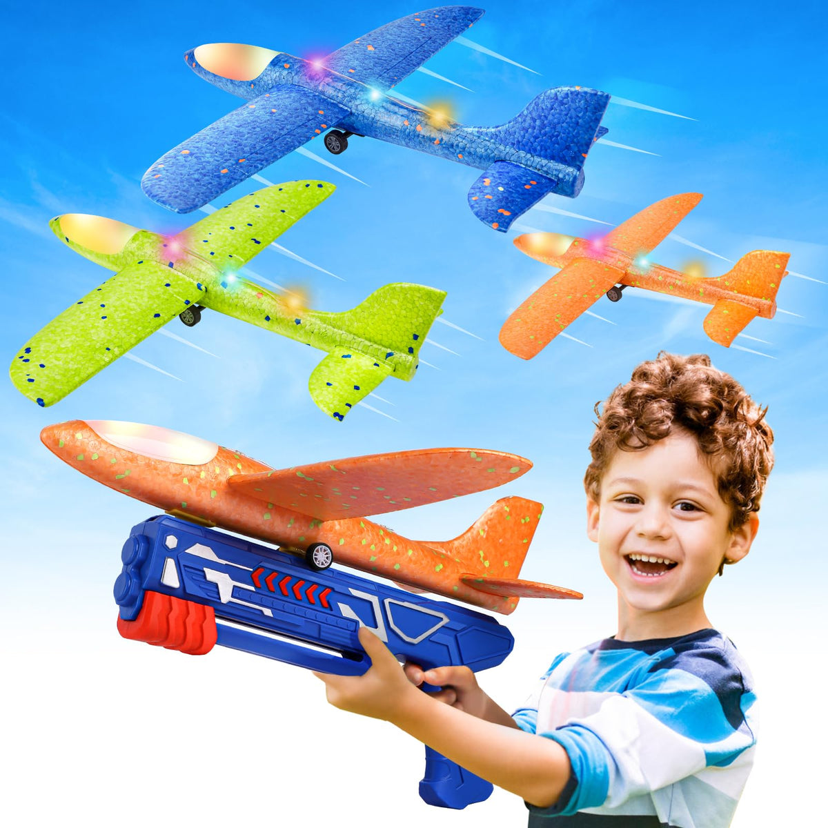 Fuwidvia 3 Pack LED Foam Glider Planes with Launcher – 13.2-inch Outdoor Flying Toys Blue Green Orange