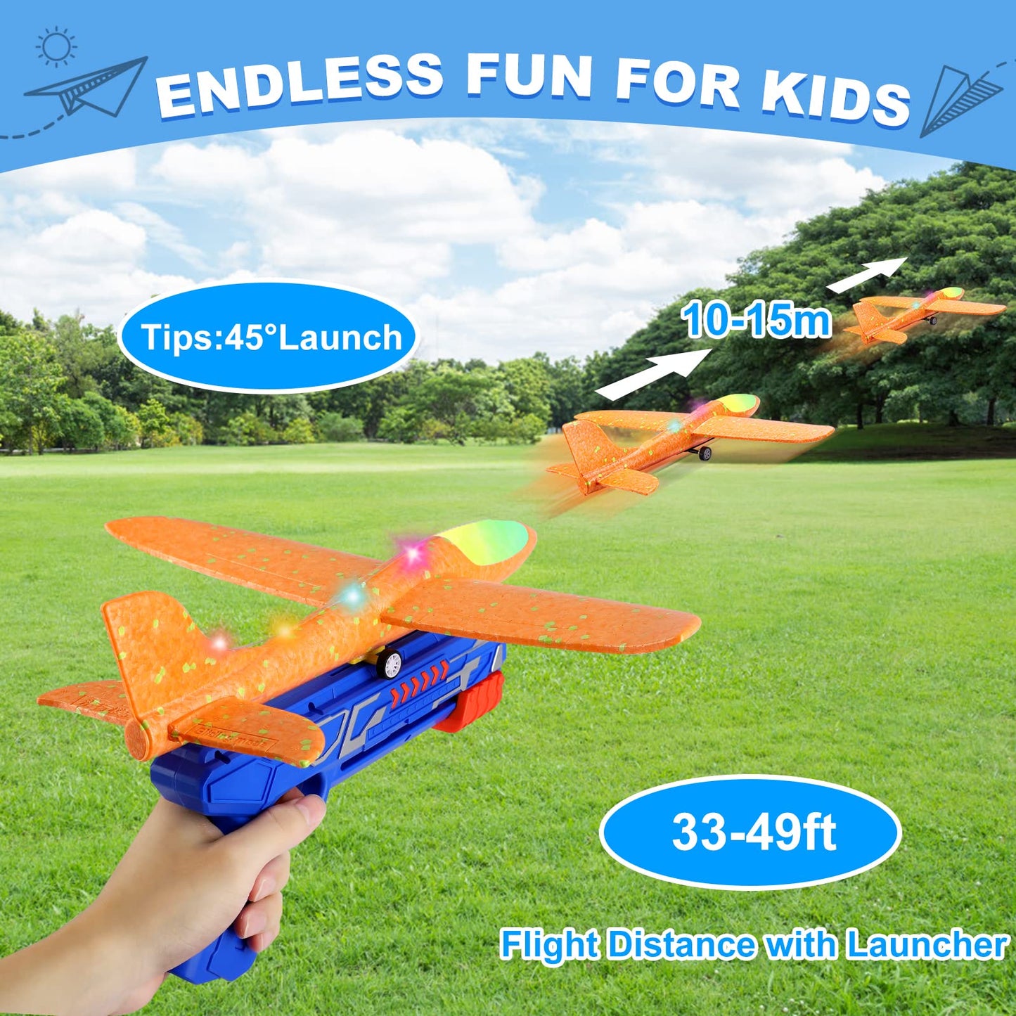 Fuwidvia 3 Pack LED Foam Glider Planes with Launcher – 13.2-inch Outdoor Flying Toys Blue Green Orange