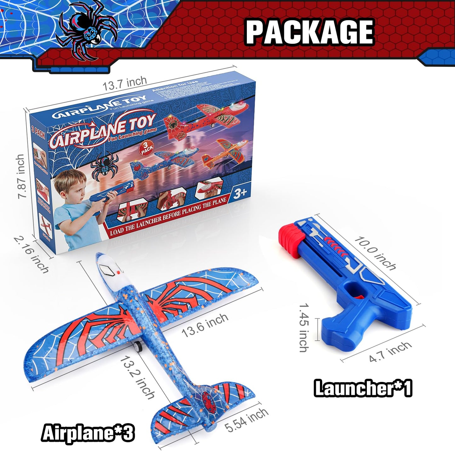 Fuwidvia 3 Pack Airplane Launcher Toys – 13.2'' Spider LED Foam Gliders, 2 Flight Modes