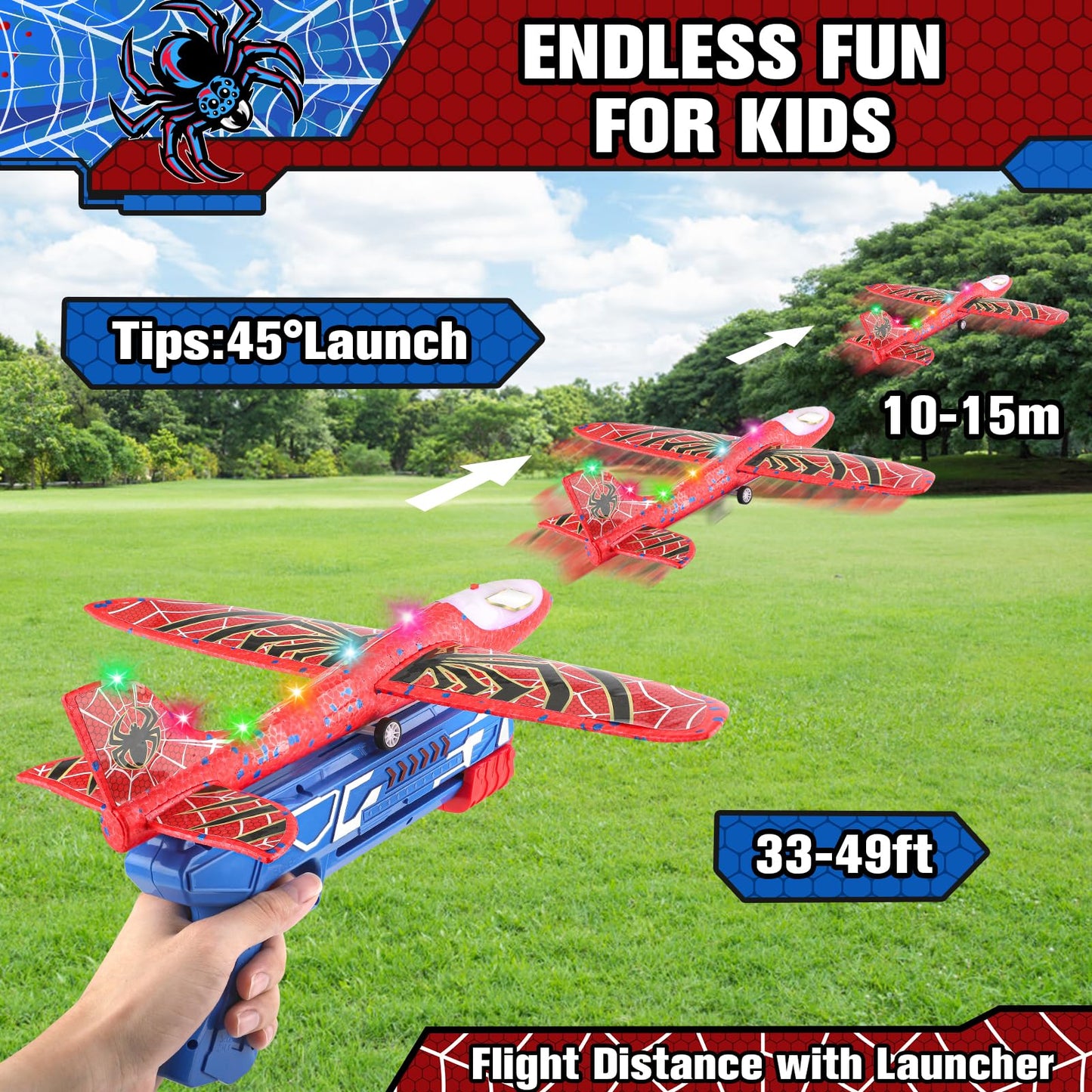 Fuwidvia 3 Pack Airplane Launcher Toys – 13.2'' Spider LED Foam Gliders, 2 Flight Modes