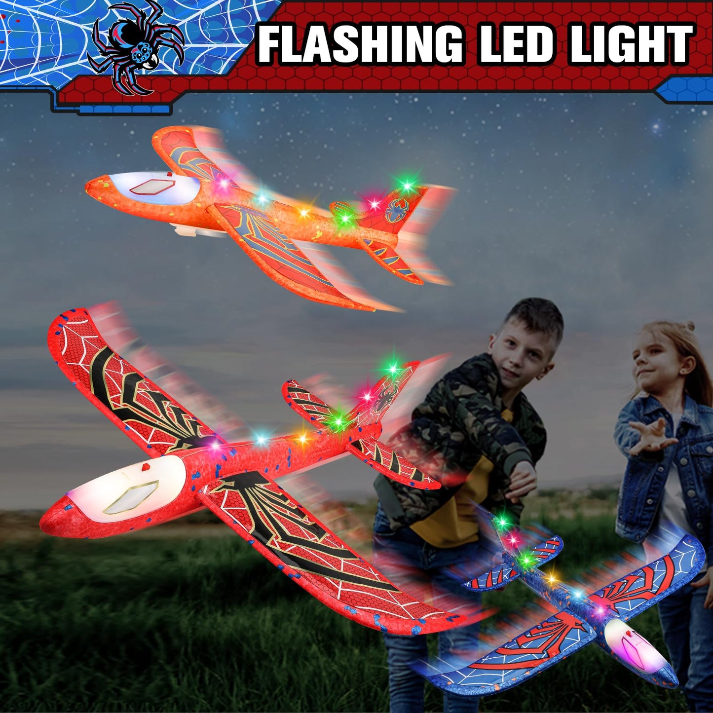 Fuwidvia 3 Pack Airplane Launcher Toys – 13.2'' Spider LED Foam Gliders, 2 Flight Modes