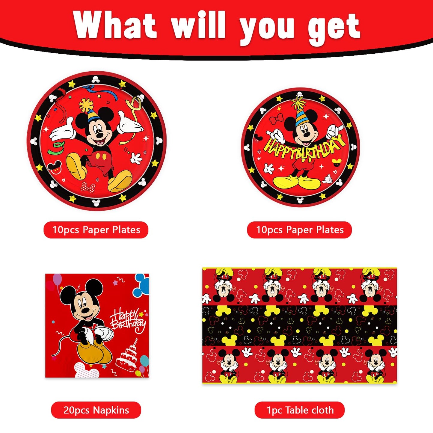 Fuyhiuous Mickey Party Supplies 41Pack – 20 Plates, 20 Napkins, 1 Tablecloth for Birthday Party Decoration (Red)