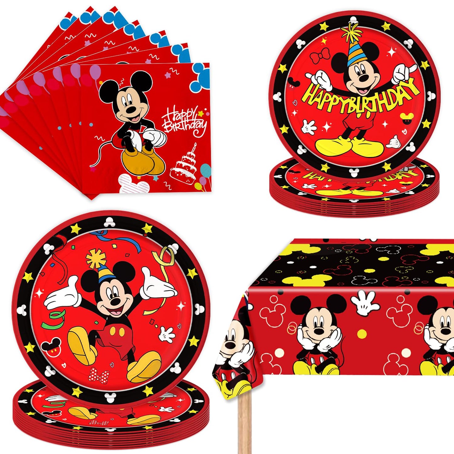 Fuyhiuous Mickey Party Supplies 41Pack – 20 Plates, 20 Napkins, 1 Tablecloth for Birthday Party Decoration (Red)