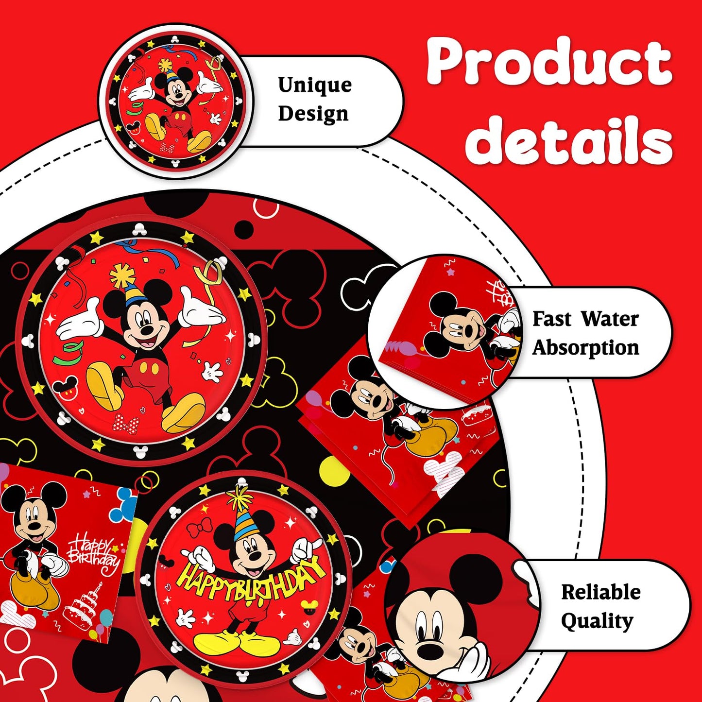 Fuyhiuous Mickey Party Supplies 41Pack – 20 Plates, 20 Napkins, 1 Tablecloth for Birthday Party Decoration (Red)