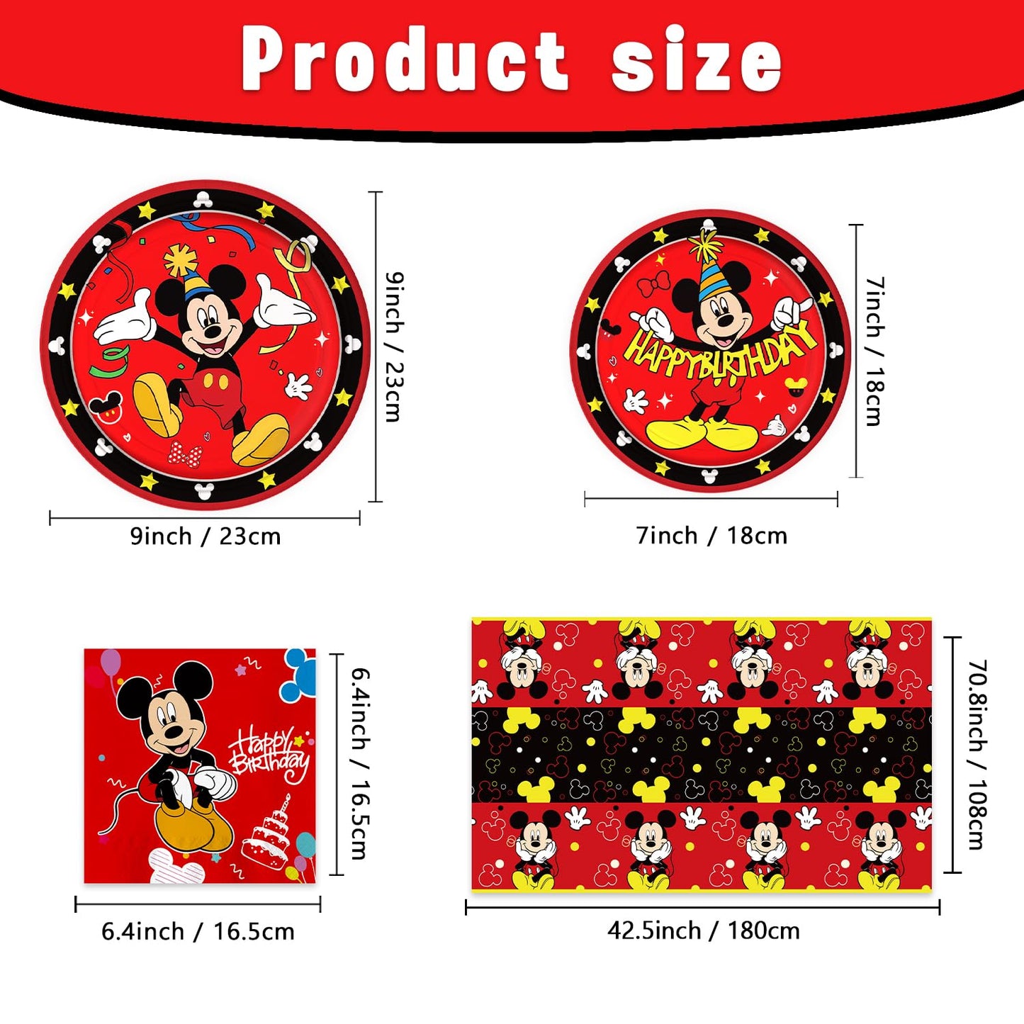 Fuyhiuous Mickey Party Supplies 41Pack – 20 Plates, 20 Napkins, 1 Tablecloth for Birthday Party Decoration (Red)