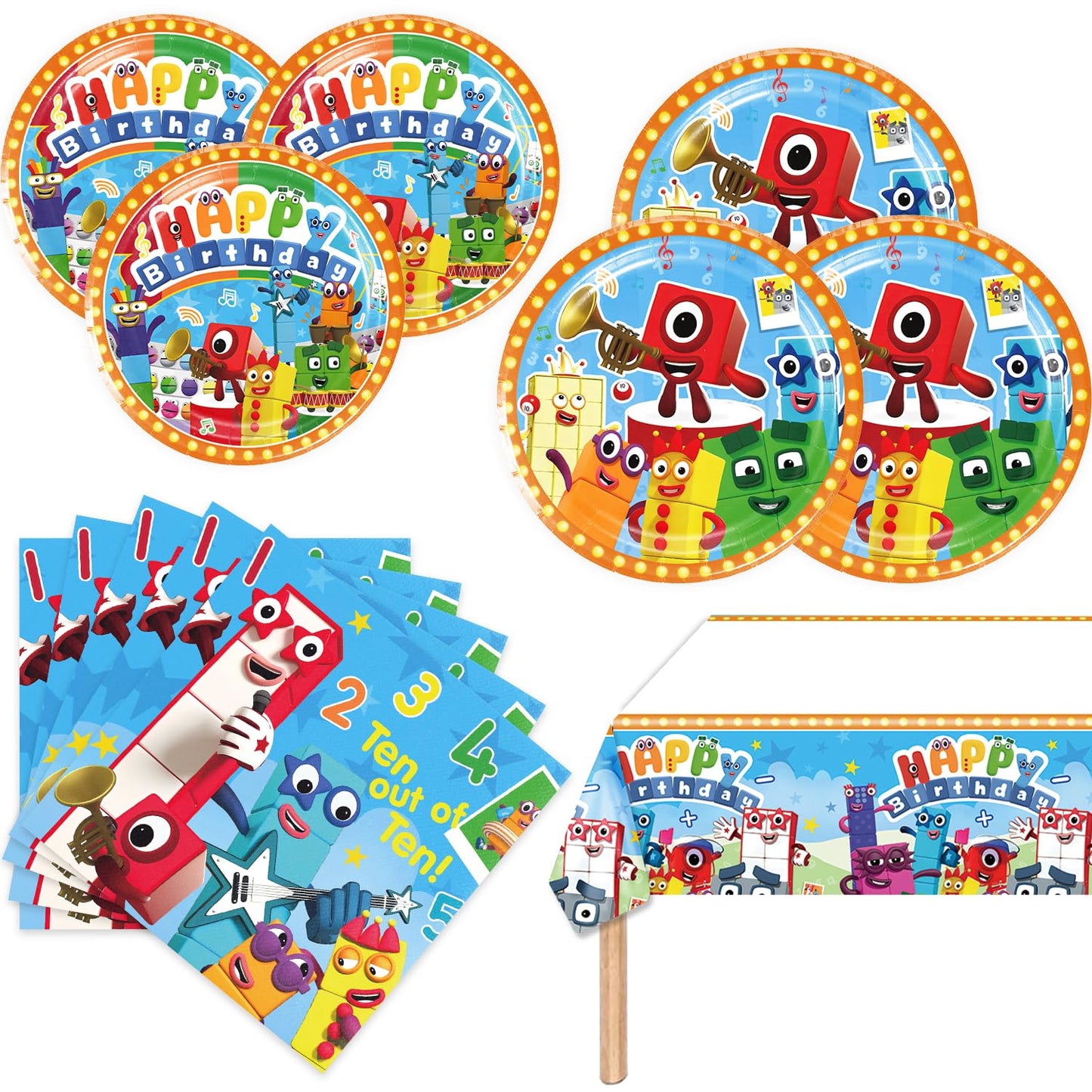 Fuyhiuous Number Blocks Party Supplies 41-Pack – Plates, Napkins & Tablecloth for Birthday Decor