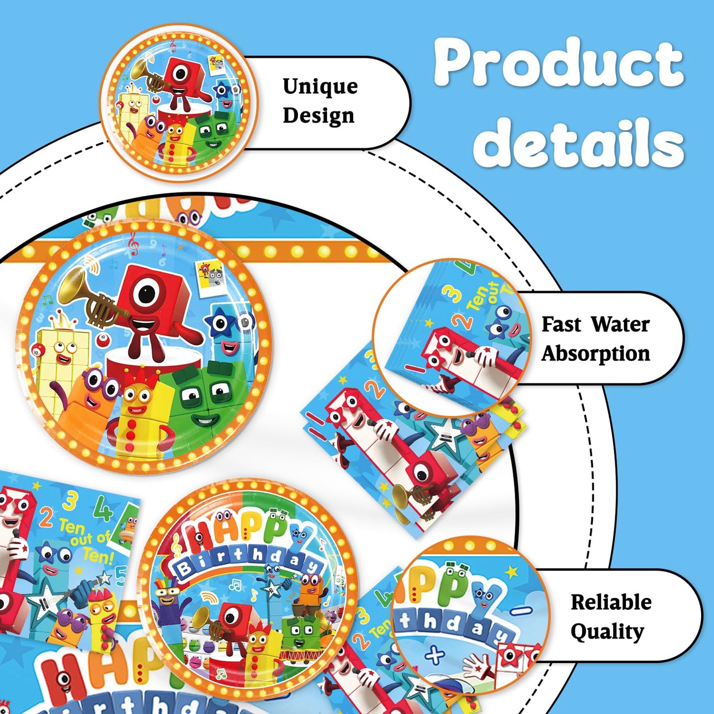 Fuyhiuous Number Blocks Party Supplies 41-Pack – Plates, Napkins & Tablecloth for Birthday Decor