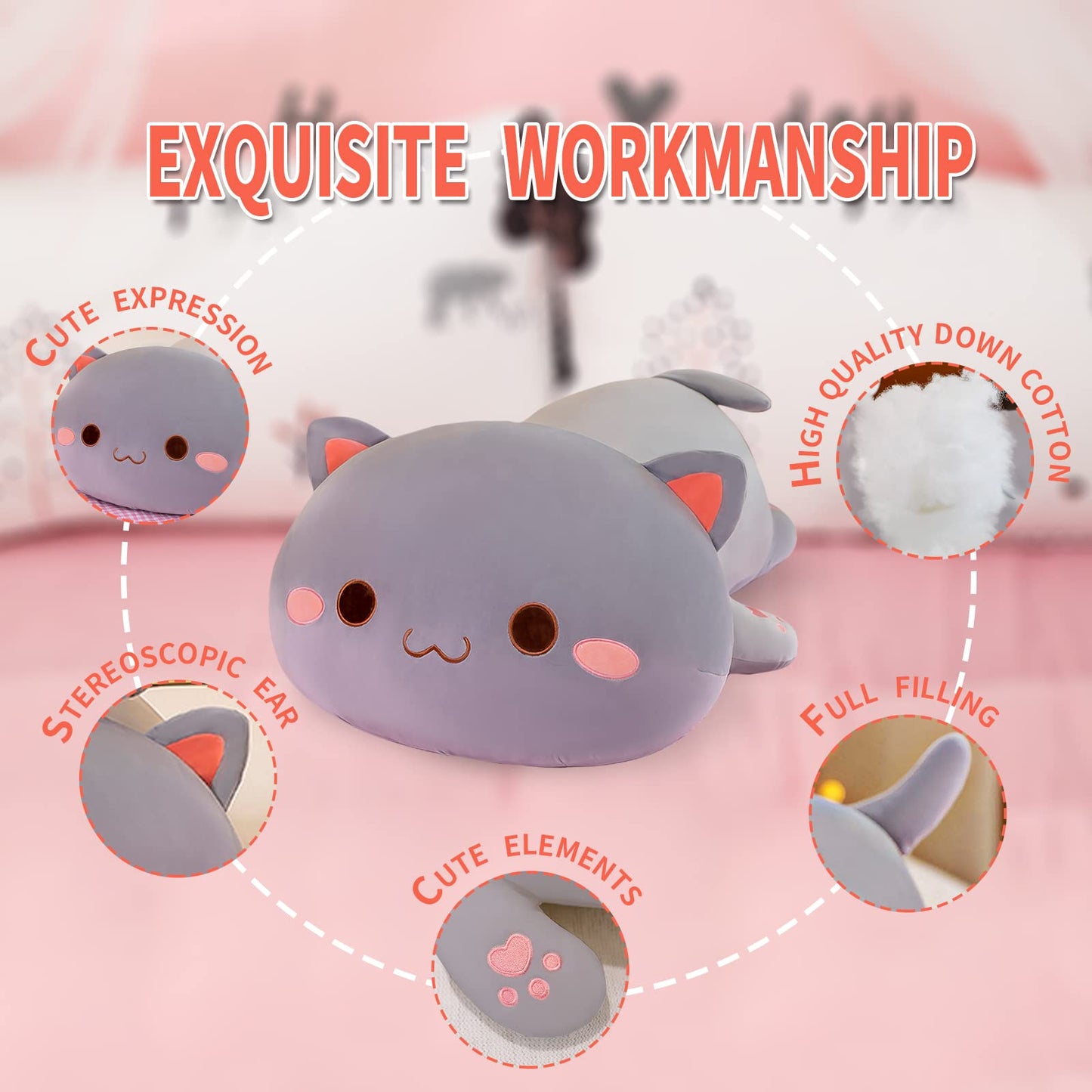 FUYU Cat Stuffed Animals – Soft Plush Pillow, 15in Grey Kitten Toy