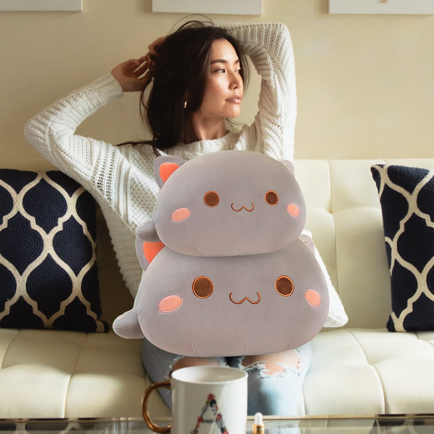 FUYU Cat Stuffed Animals – Soft Plush Pillow, 15in Grey Kitten Toy