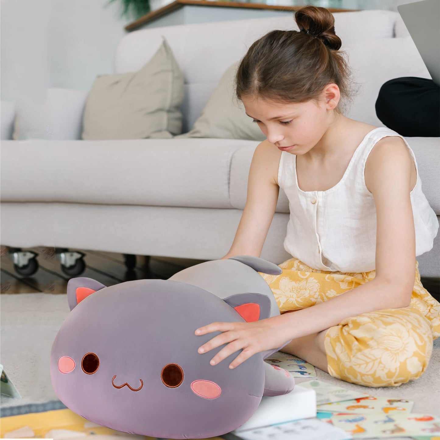 FUYU Cat Stuffed Animals – Soft Plush Pillow, 15in Grey Kitten Toy