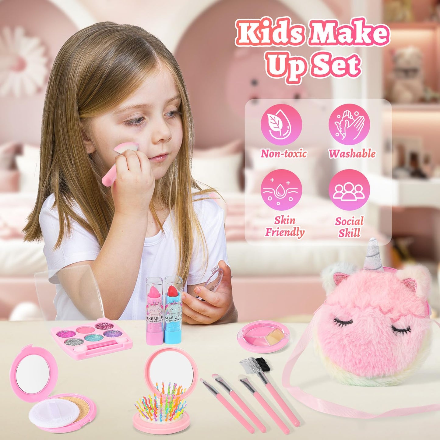 Fuzmo Kids Makeup Kit for Girls 3-6 | Non-Toxic Dress-Up & Princess Set