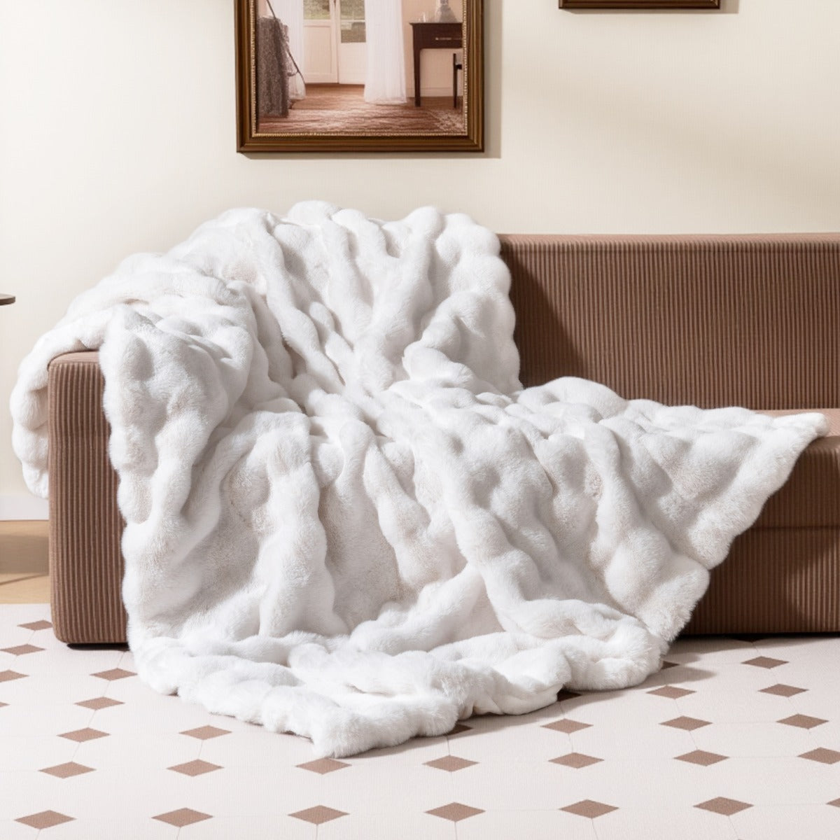 Fuzzy Plush Rabbit Fur Bubble Blanket for Bed Armchair Sofa-L
