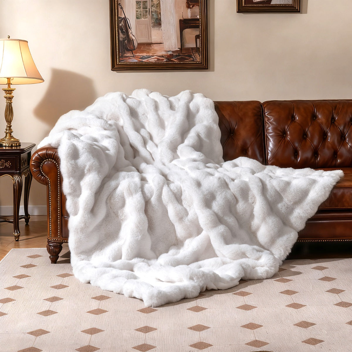 Fuzzy Plush Rabbit Fur Bubble Blanket for Bed Armchair Sofa-L