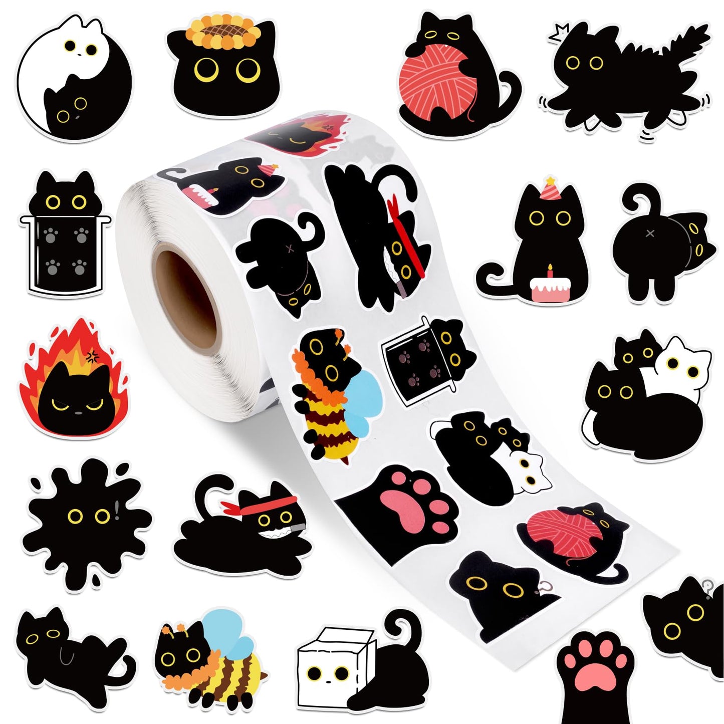 FVNPIHAM 1000Pcs Black Cat Sticker Roll – 16 Cute Patterns for Water Bottles, Laptops, Scrapbooks