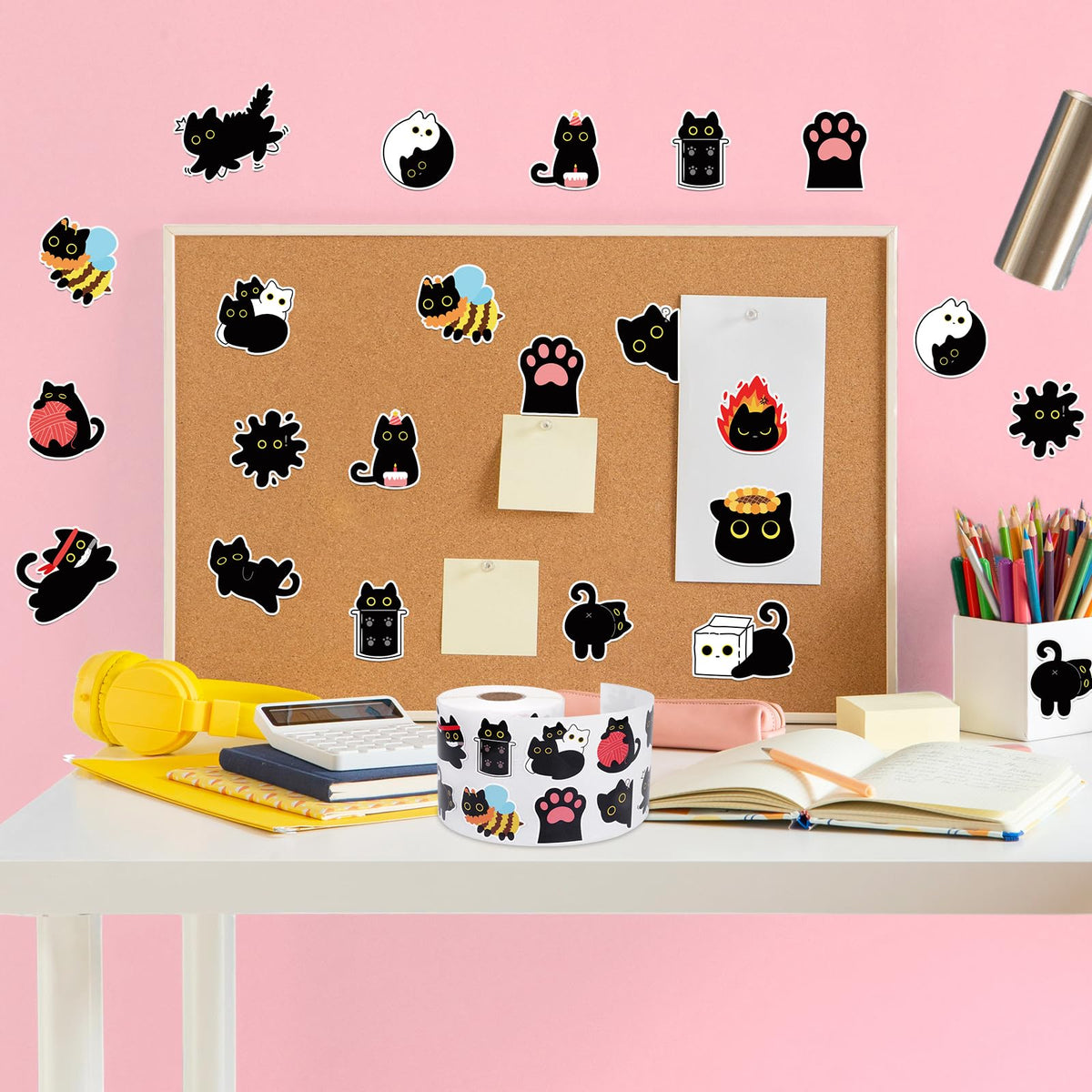 FVNPIHAM 1000Pcs Black Cat Sticker Roll – 16 Cute Patterns for Water Bottles, Laptops, Scrapbooks