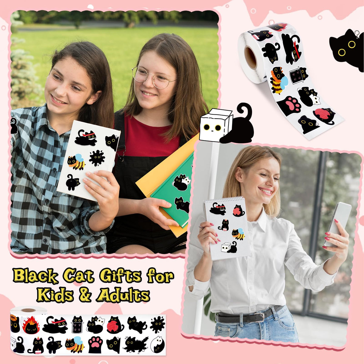 FVNPIHAM 1000Pcs Black Cat Sticker Roll – 16 Cute Patterns for Water Bottles, Laptops, Scrapbooks