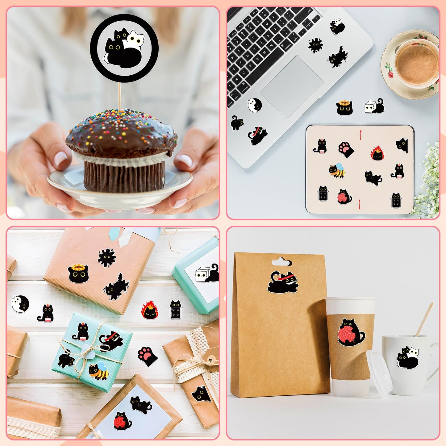 FVNPIHAM 1000Pcs Black Cat Sticker Roll – 16 Cute Patterns for Water Bottles, Laptops, Scrapbooks