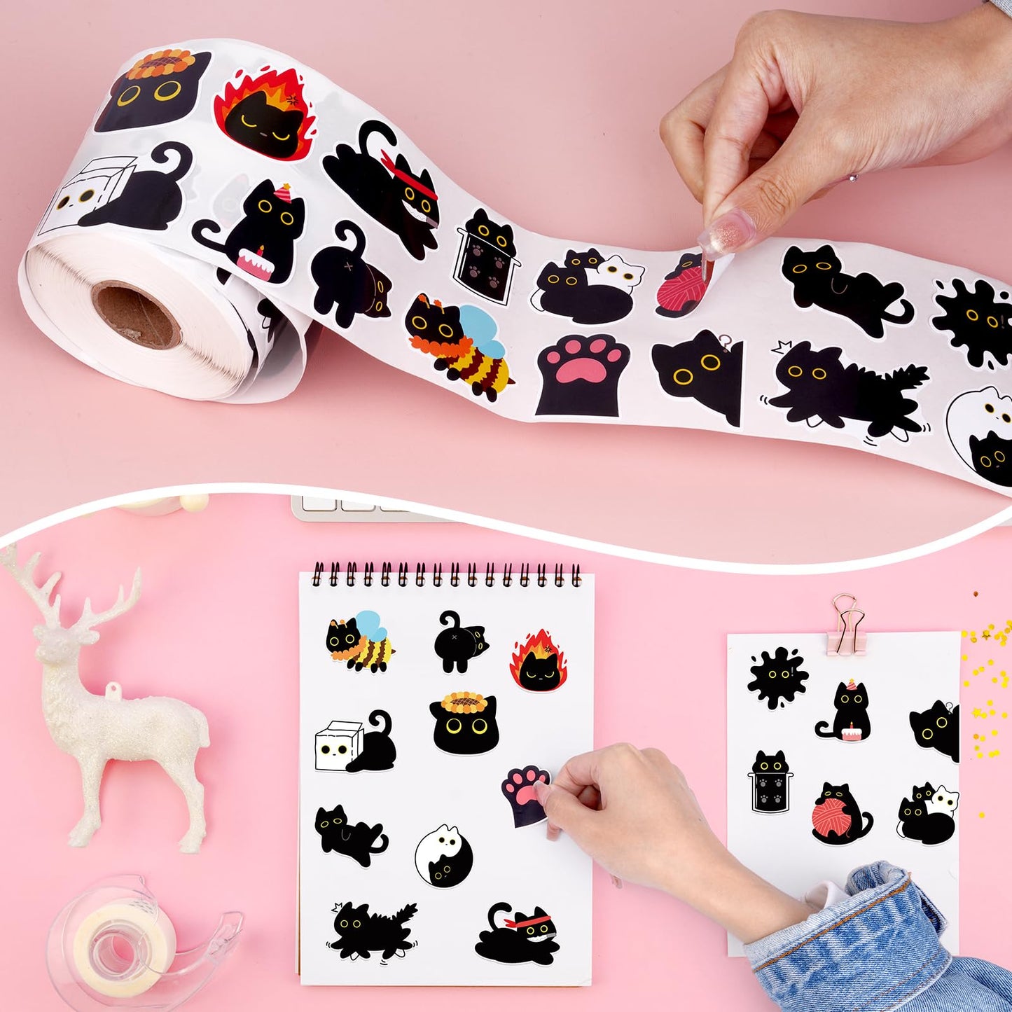 FVNPIHAM 1000Pcs Black Cat Sticker Roll – 16 Cute Patterns for Water Bottles, Laptops, Scrapbooks