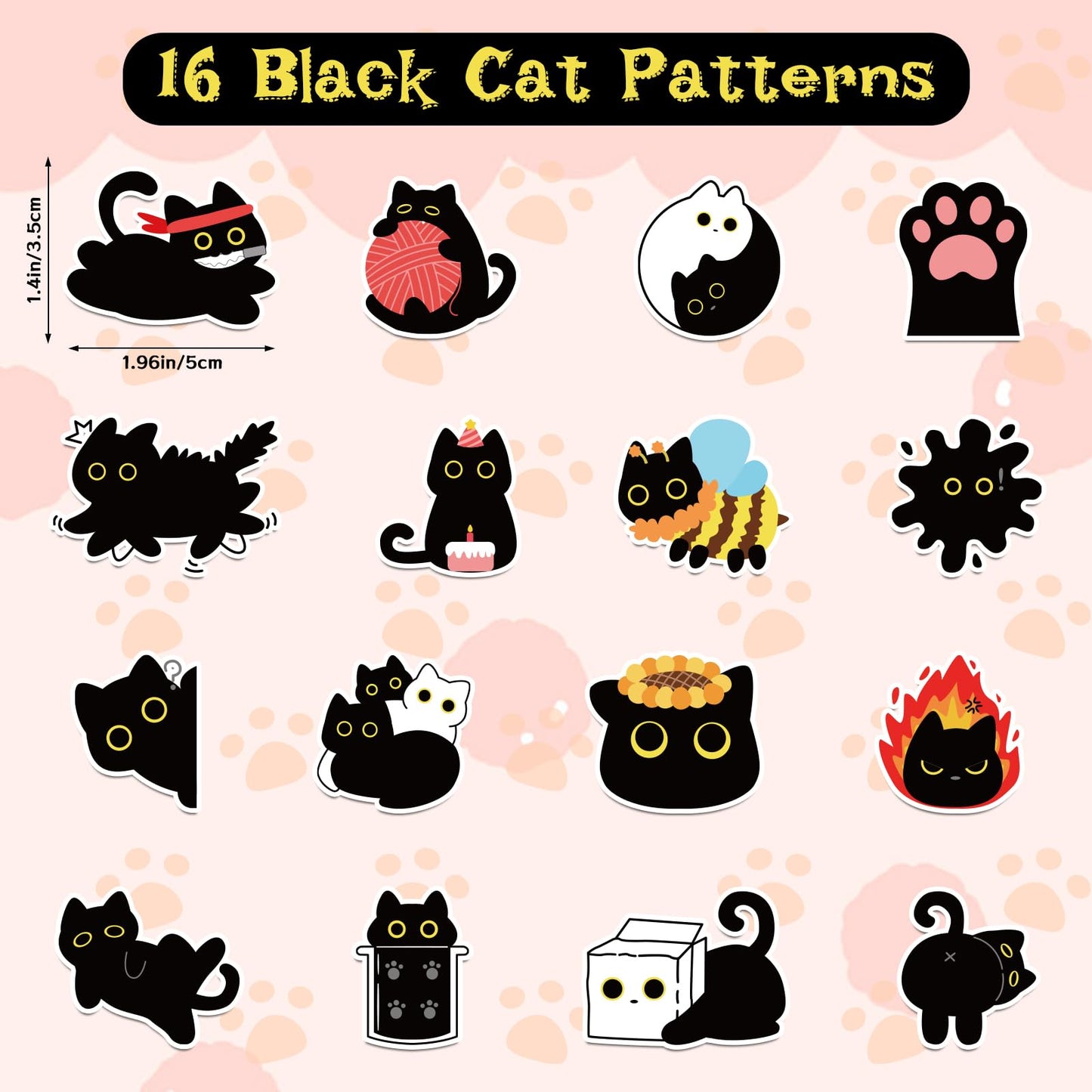 FVNPIHAM 1000Pcs Black Cat Sticker Roll – 16 Cute Patterns for Water Bottles, Laptops, Scrapbooks