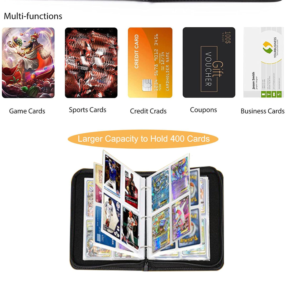 fweel 4-Pocket Trading Card Binder with Zipper — 400 Card Capacity, PU Leather