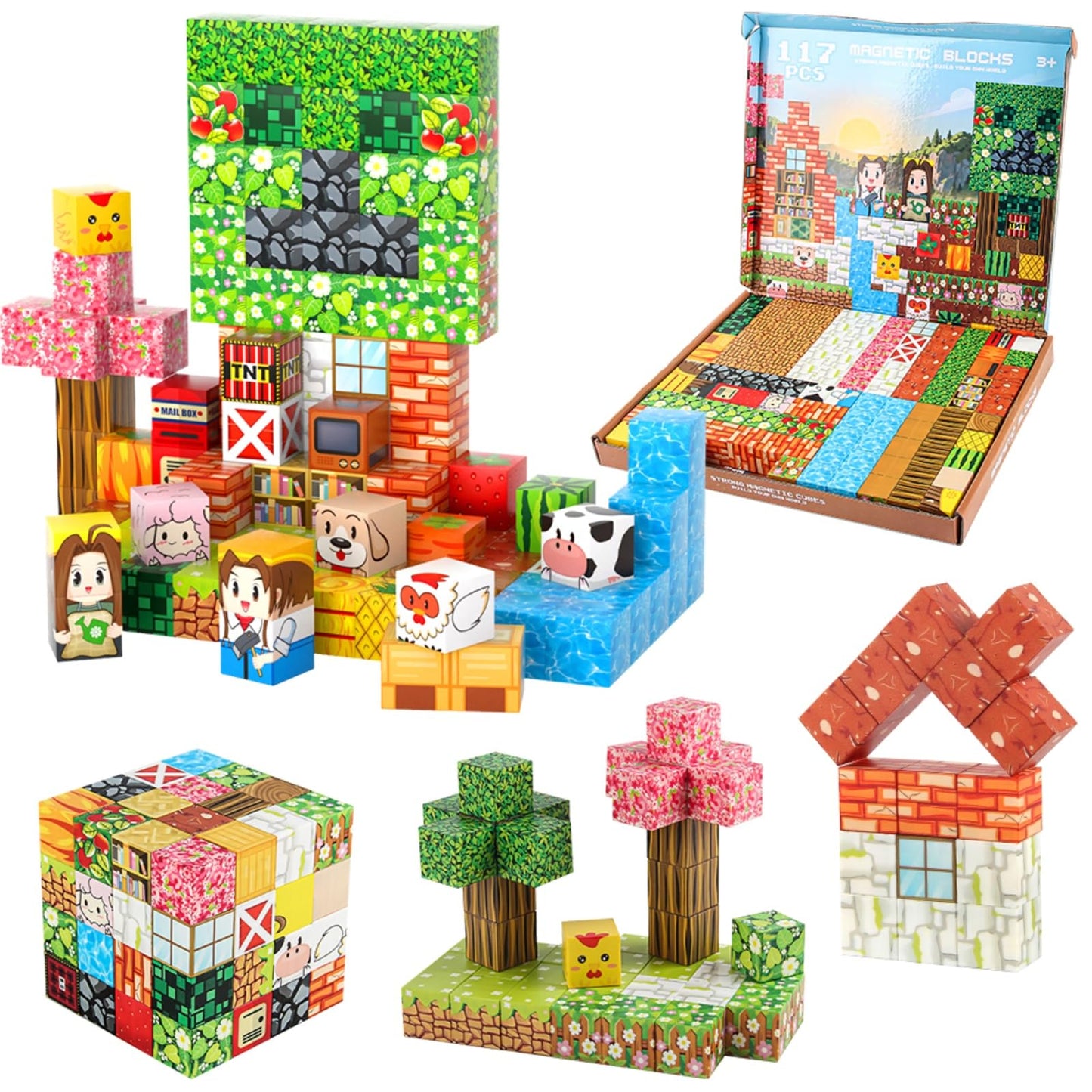 FXZYIXS Magnetic Blocks Farm Set – 117-Piece 0.8-Inch Cubes for STEM & Creative Play